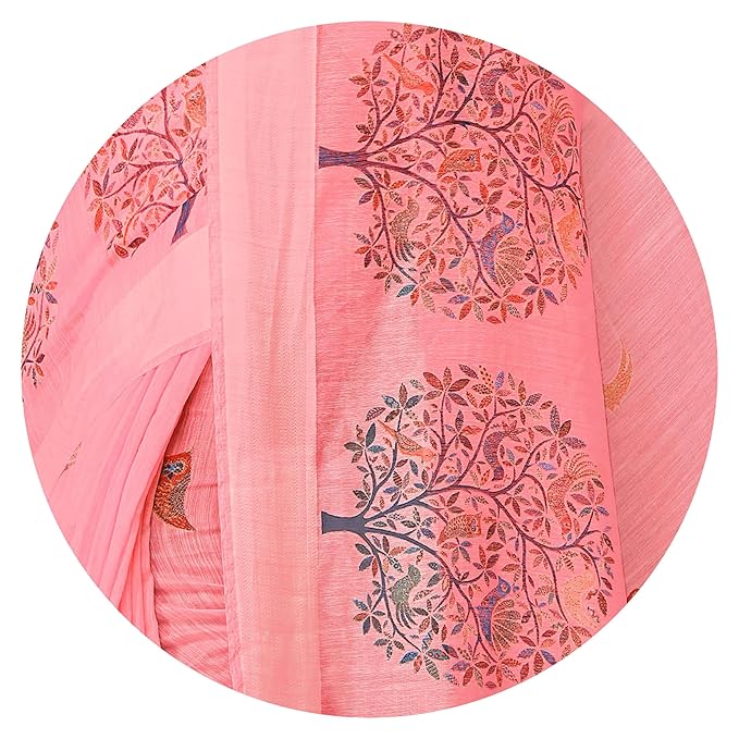 Cotton Blend Saree for Women | Madhubani Forest Print with Satin Woven Border | Light Coral