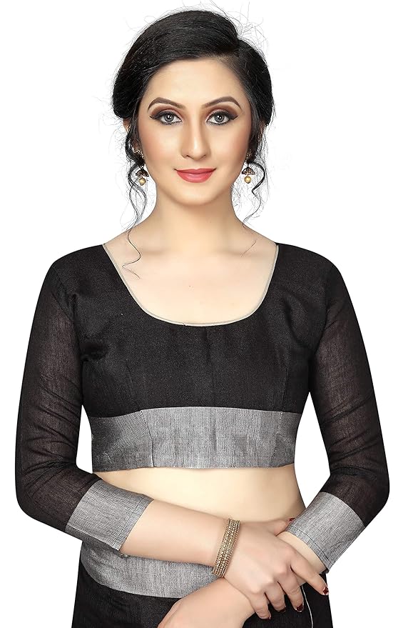 Linen Silk Blend Saree for Women | Self Print with Zari Detail | Black with Blouse Piece