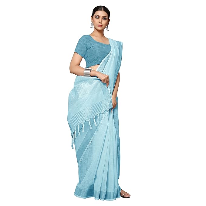 Linen Jacquard Saree for Women | Zari Border Solid Design | With Blouse Piece