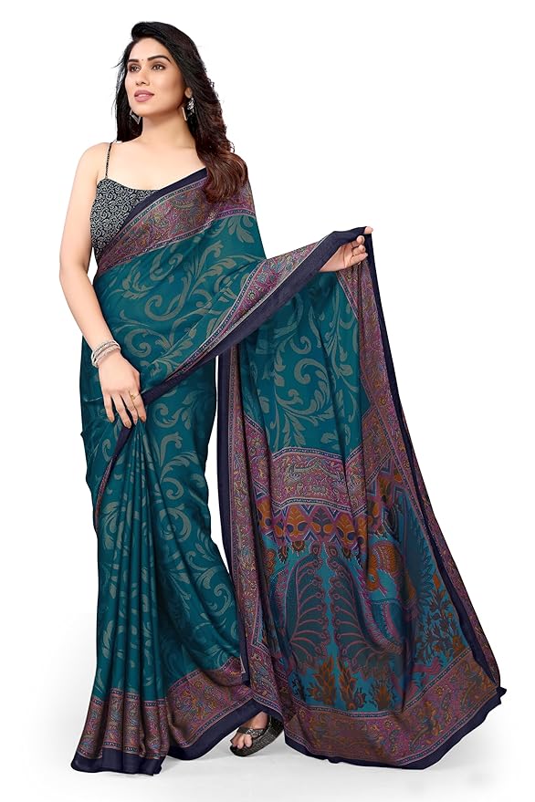 Printed Chiffon Saree for Women | Contrast Border | Peacock Pallu