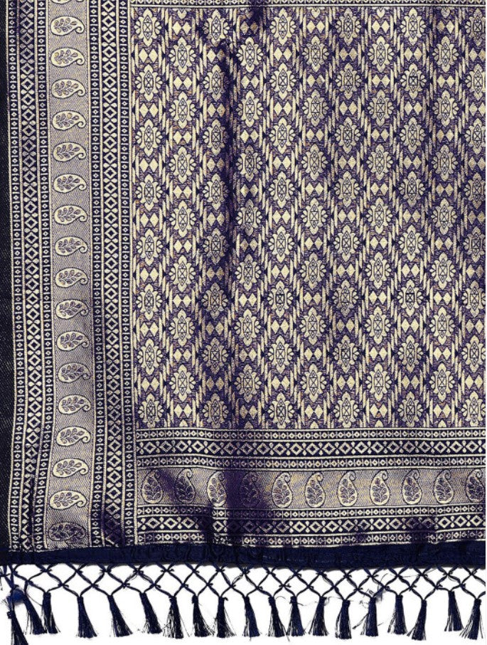 Navy Blue and Gold Banarasi Silk Blend Saree for Women