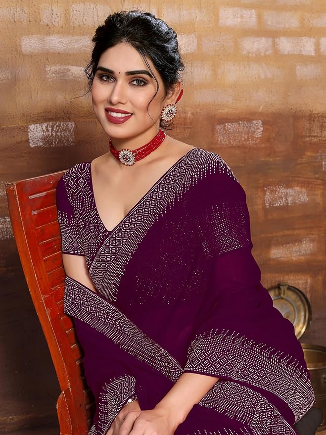 Georgette Saree for Women | Hot Fixing Design | Wine with Matching Blouse