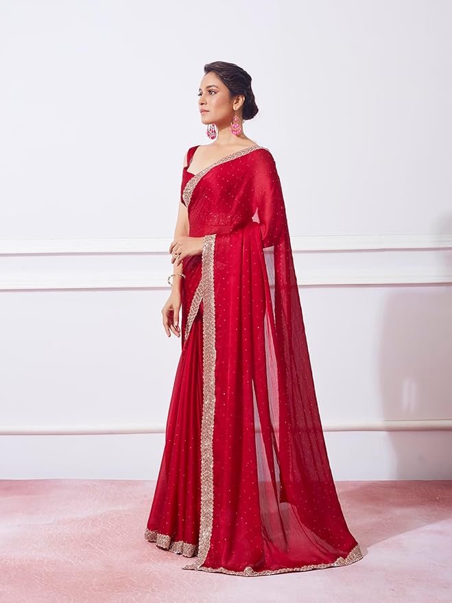 Organza Ruffle Frill Saree for Women | Crush Pattern with Sequence Work | With Blouse Piece