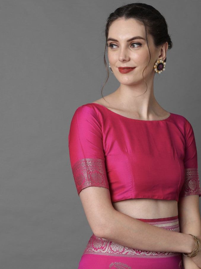 Banarasi Silk Blend Saree for Women | Pink and Silver | Paisley Woven Design