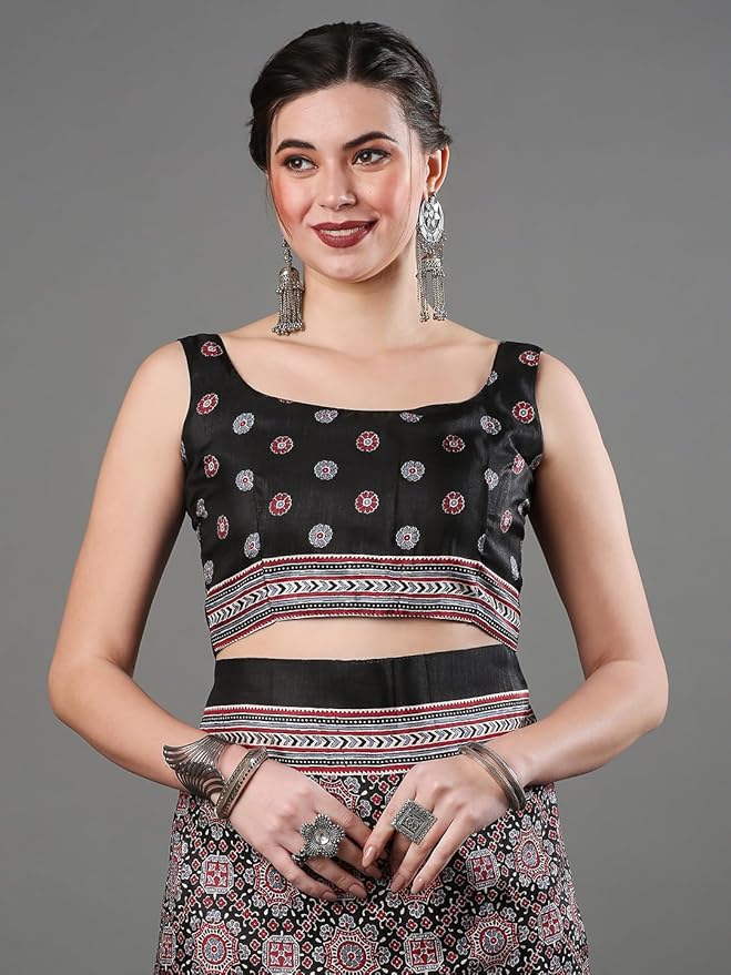 Dola Silk Saree for Women | Ajrak Block Print Design | Black with Floral Blouse