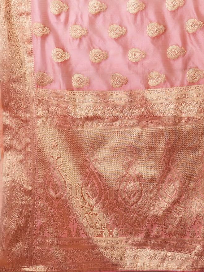 Organza Saree for Women | Zari Woven Ethnic Motif Design | Pink with Banarasi Silk Blouse