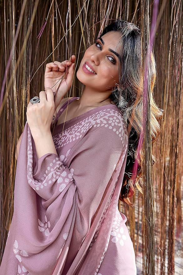 Printed Chiffon Saree for Women | Batik Block Print Design | Pink and White