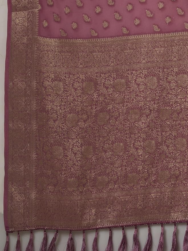 Georgette Saree for Women | Zari Border with Woven Ethnic Motif | Mauve