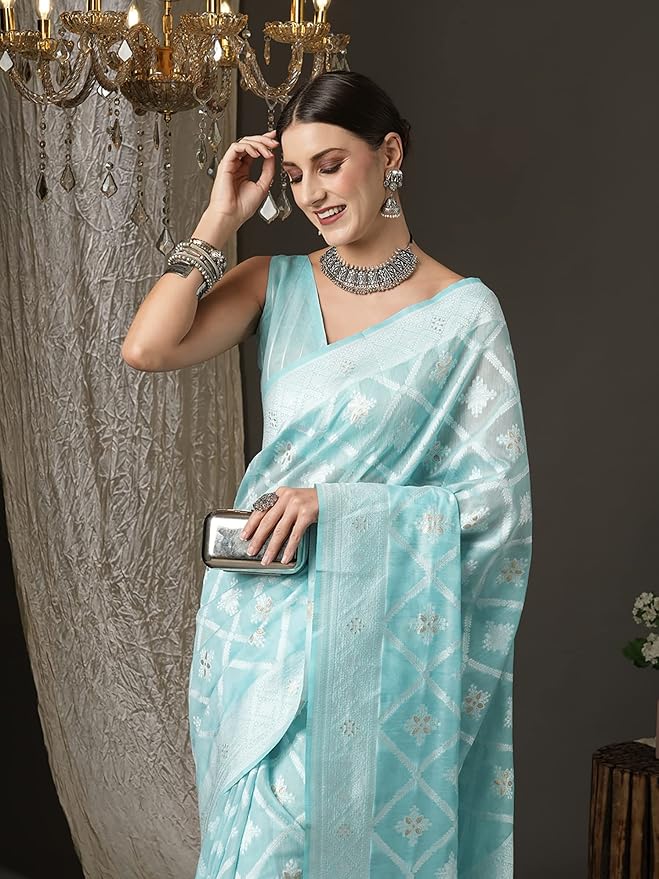 Cotton Silk Saree for Women | Woven Striped Design | Blue color with Matching Blouse