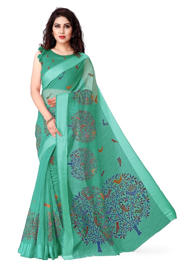Cotton Blend Saree for Women | Madhubani Forest Print with Satin Woven Border | Teal