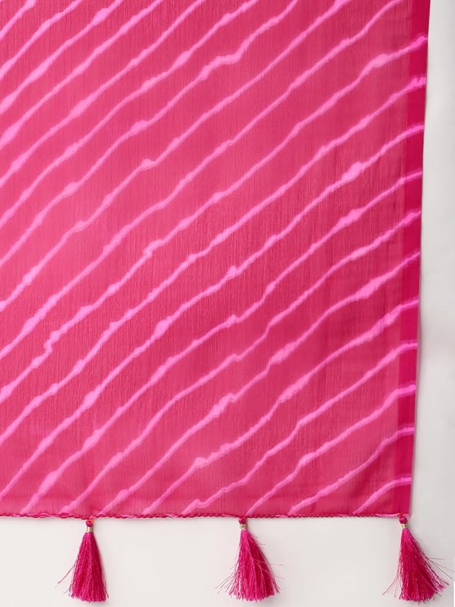 Chiffon Saree for Women | Printed Striped Design with Tassels | Rani Pink