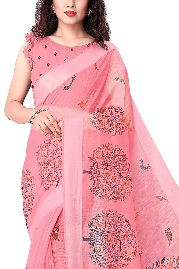 Cotton Blend Saree for Women | Madhubani Forest Print with Satin Woven Border | Light Coral