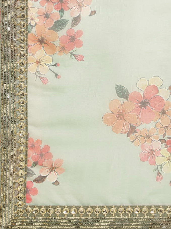 Olive Green and Red Organza Saree for Women | Floral Embellished Design with Sequins