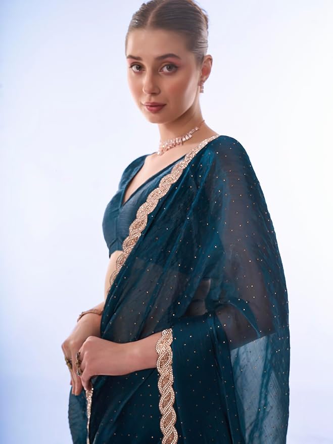 Chiffon Saree for Women | Embroidered Crush Pattern Design | With Art Silk Blouse