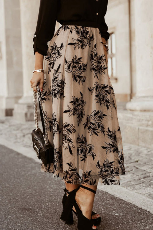 Leaf Elastic Waist Midi Skirt